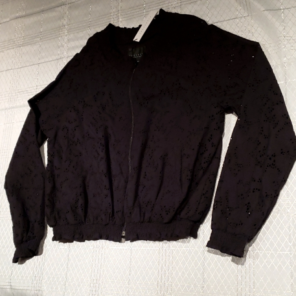 Sanctuary New IN BLOOM Eyelet Bomber Zip-Up Jacket XL Womens Topper Cotton BLACK - Picture 15 of 16